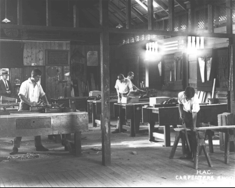 Carpenter's Shop (interior) - Students working at benches [Hawkesbury Agricultural College (HAC)]