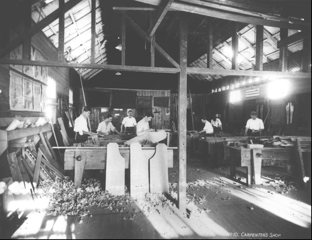 Carpenter's Shop (interior) - Students working at benches [Hawkesbury Agricultural College (HAC)]