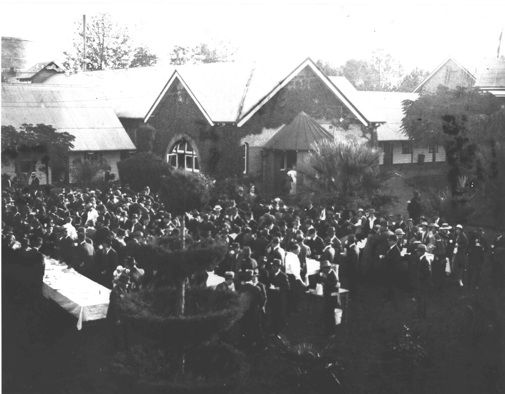Quadrangle - Tables set outside the Dining Hall for lunch [Hawkesbury Agricultural College (HAC)]
