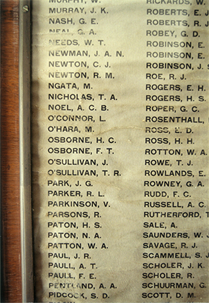 Roll of Honour - Memorial Hall - Close up of some of the names on the roll (print 2 of 2) [Hawkesbury Agricultural College (HAC)]