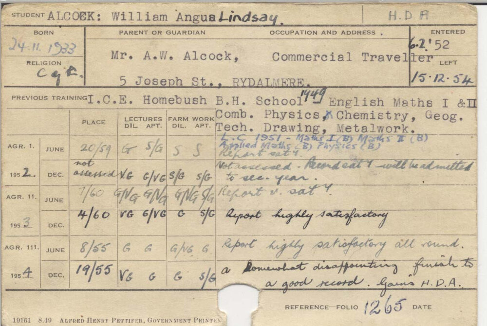 ALCOCK, William Angus Lindsay (Hawkesbury Diploma of Agriculture (HDA))