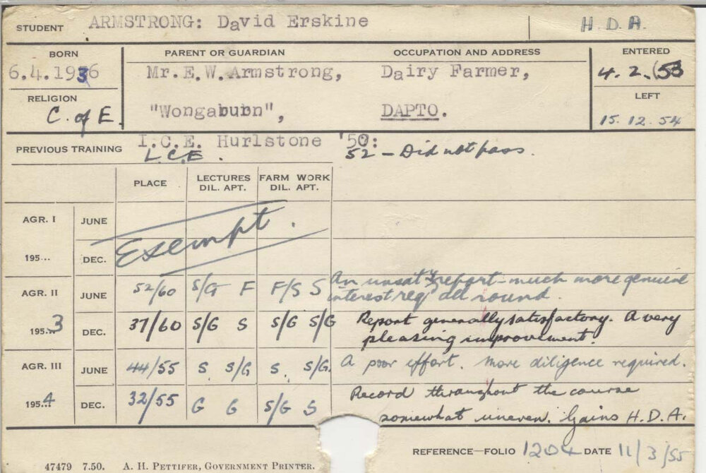 ARMSTRONG, David Erskine (Hawkesbury Diploma of Agriculture (HDA))