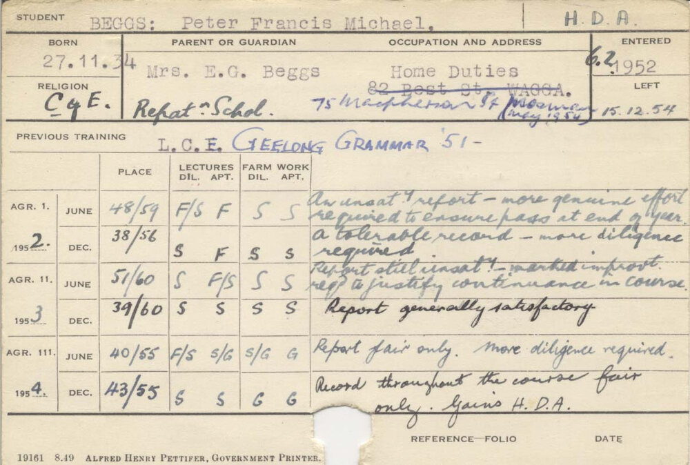 BEGGS, Peter Francis Michael (Hawkesbury Diploma of Agriculture (HDA))