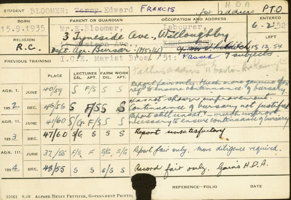 BLOOMER, Edward Francis (Hawkesbury Diploma of Agriculture (HDA))