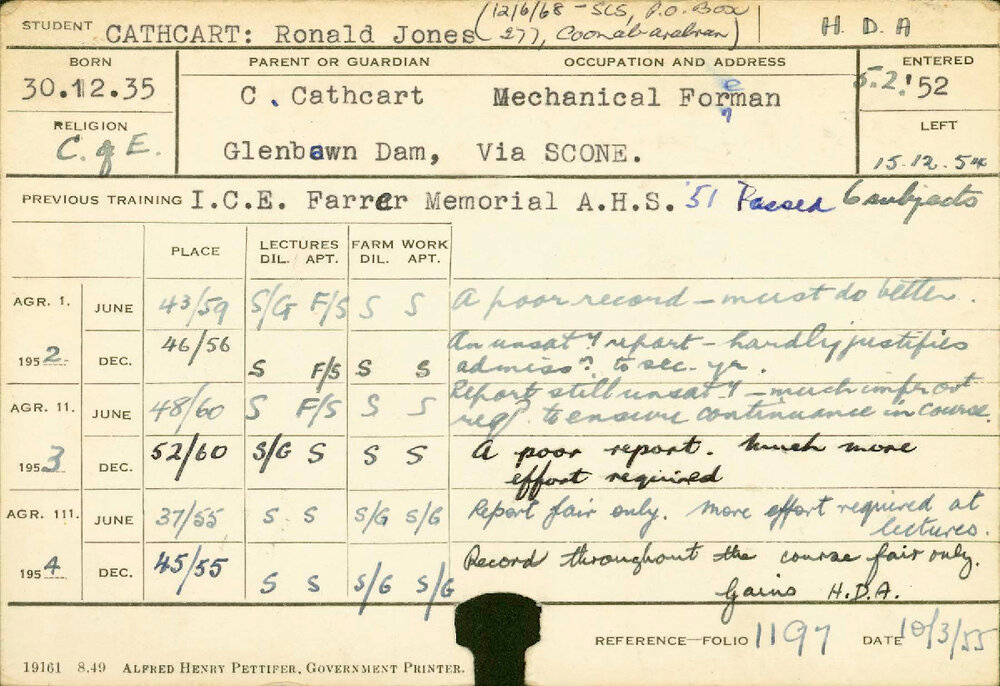 CATHCART, Ronald Jones (Hawkesbury Diploma of Agriculture (HDA))