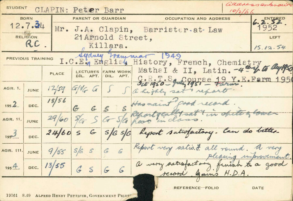 CLAPIN, Peter Barr (Hawkesbury Diploma of Agriculture (HDA))