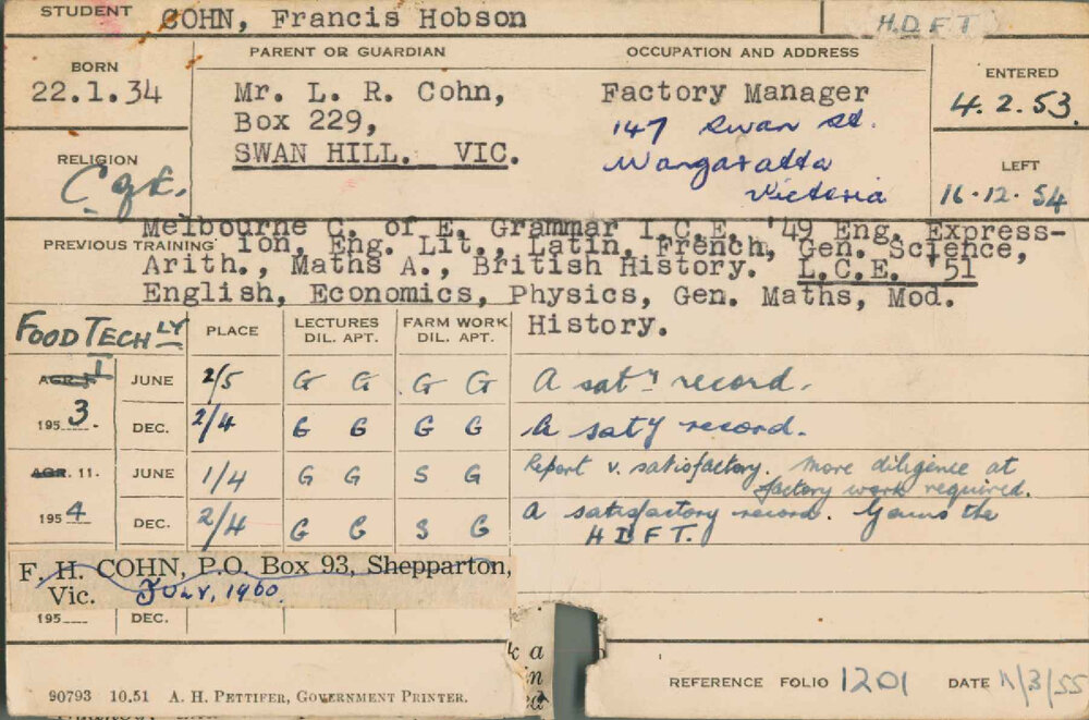 COHN, Francis Hobson (Hawkesbury Diploma in Food Technology (HDFT))