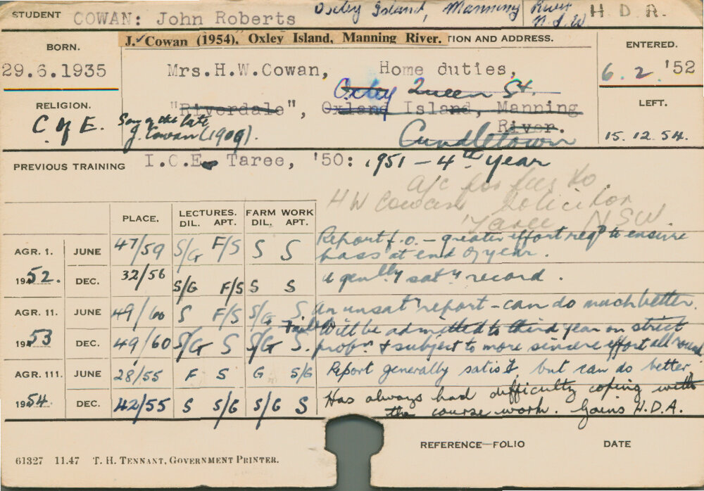 COWAN, John Roberts (Hawkesbury Diploma of Agriculture (HDA))