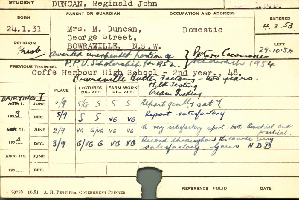 DUNCAN, Reginald John (Hawkesbury Diploma in Dairy (HDD))