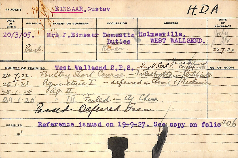 EINSAAR, Gustav (Hawkesbury Diploma of Agriculture (HDA))