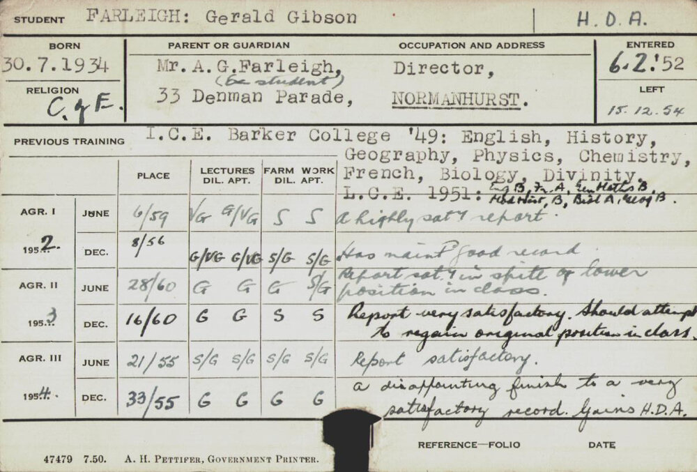 FARLEIGH, Gerald Gibson (Hawkesbury Diploma of Agriculture (HDA))