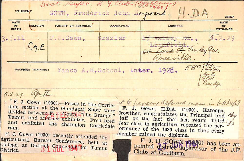 GOWN, Frederick John Hayward (Hawkesbury Diploma of Agriculture (HDA))
