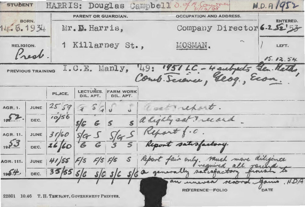 HARRIS, Douglas Campbell (Hawkesbury Diploma of Agriculture (HDA))