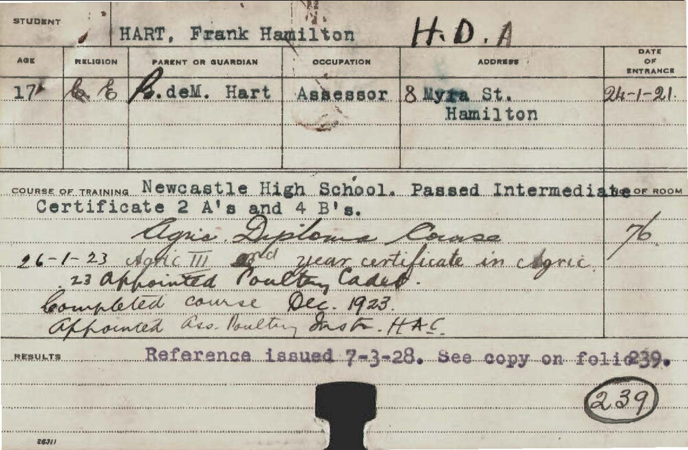 HART, Frank Hamilton (Hawkesbury Diploma of Agriculture (HDA))