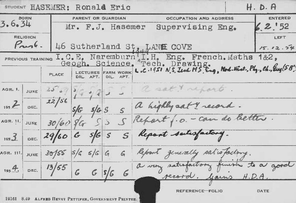 HASEMER, Ronald Eric (Hawkesbury Diploma of Agriculture (HDA))