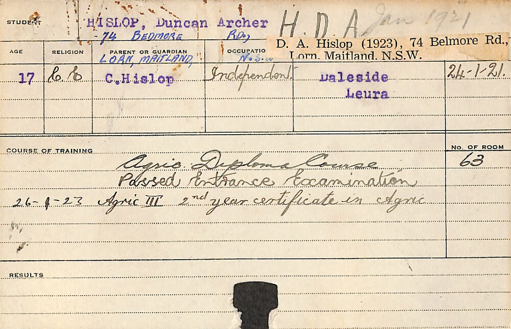 HISLOP, Duncan Archer (Hawkesbury Diploma of Agriculture (HDA))