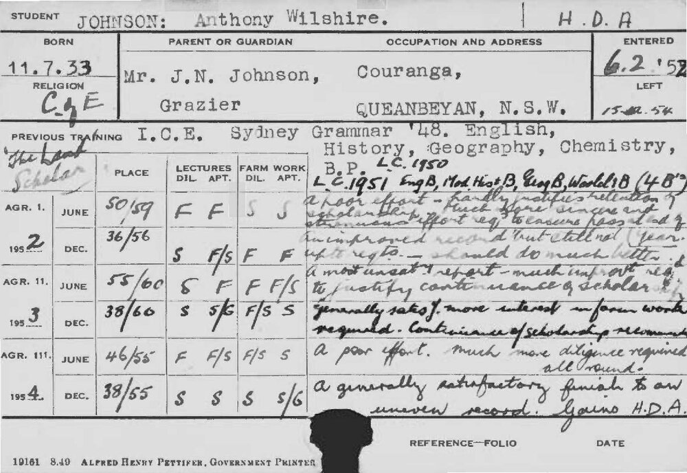JOHNSON, Anthony Wilshire (Hawkesbury Diploma of Agriculture (HDA))