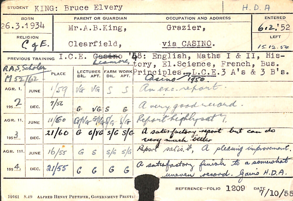 KING, Bruce Elvery (Hawkesbury Diploma of Agriculture (HDA))