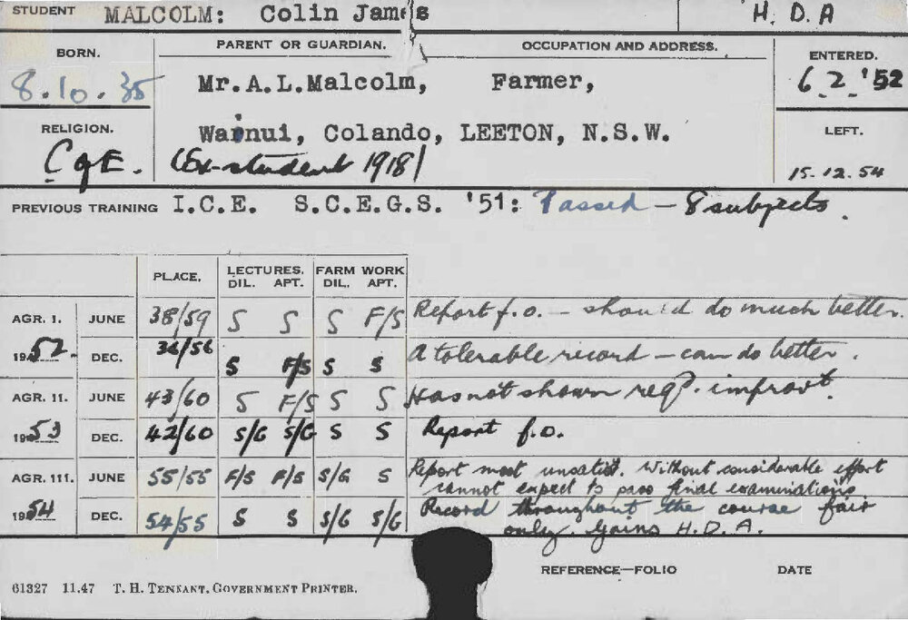 MALCOLM, Colin James (Hawkesbury Diploma of Agriculture (HDA))