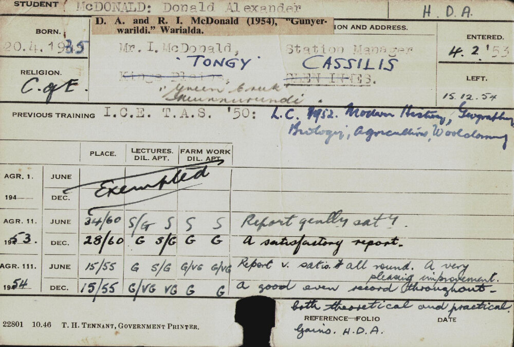 MCDONALD, Donald Alexander (Hawkesbury Diploma of Agriculture (HDA))