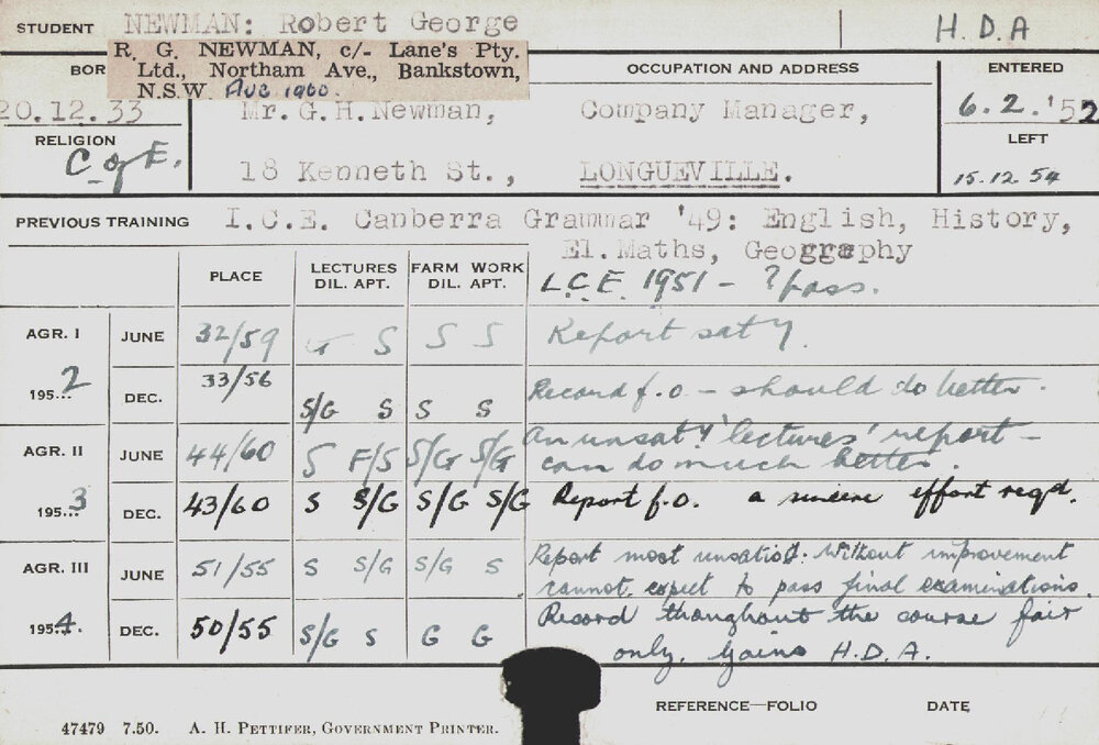 NEWMAN, Robert George (Hawkesbury Diploma of Agriculture (HDA))