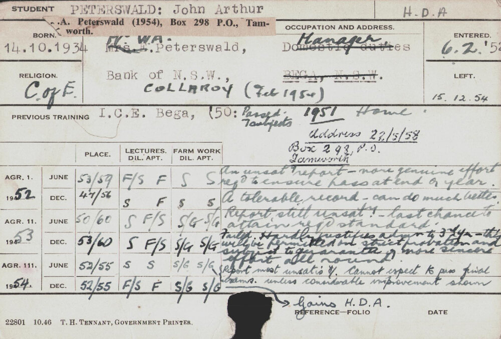 PETERSWALD, John Arthur (Hawkesbury Diploma of Agriculture (HDA))