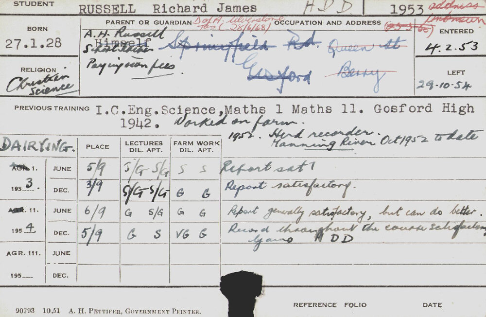 RUSSELL, Richard James (Hawkesbury Diploma in Dairy (HDD))