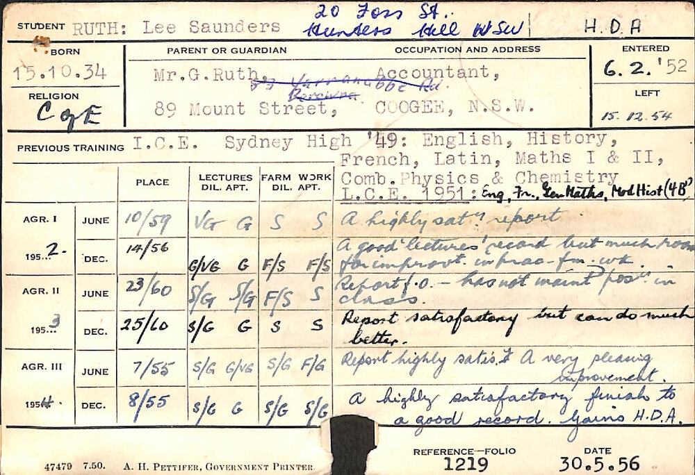 RUTH, Lee Saunders (Hawkesbury Diploma of Agriculture (HDA))