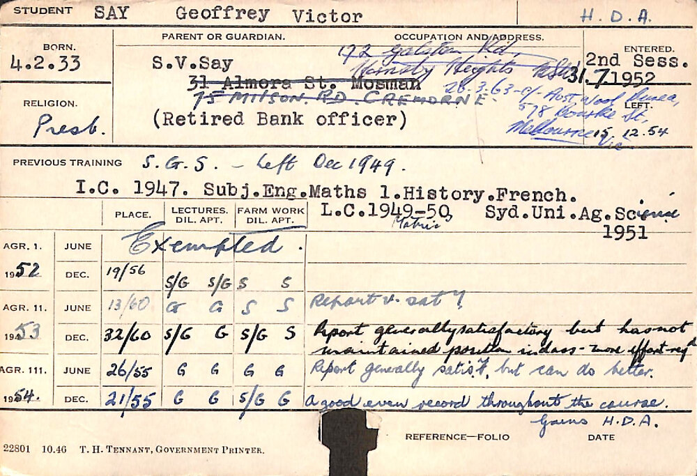 SAY, Geoffrey Victor (Hawkesbury Diploma of Agriculture (HDA))