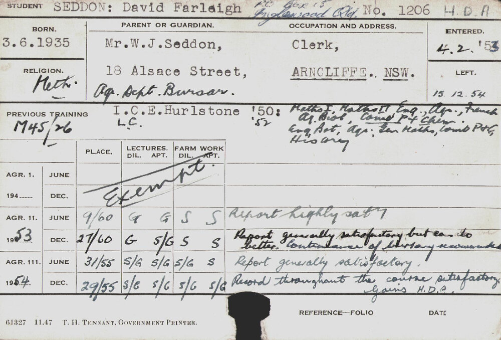 SEDDON, David Farleigh (Hawkesbury Diploma of Agriculture (HDA))
