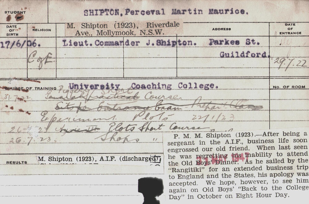 SHIPTON, Perceval Martin Maurice (Short Course - Plots,Piggery &amp; Shops)
