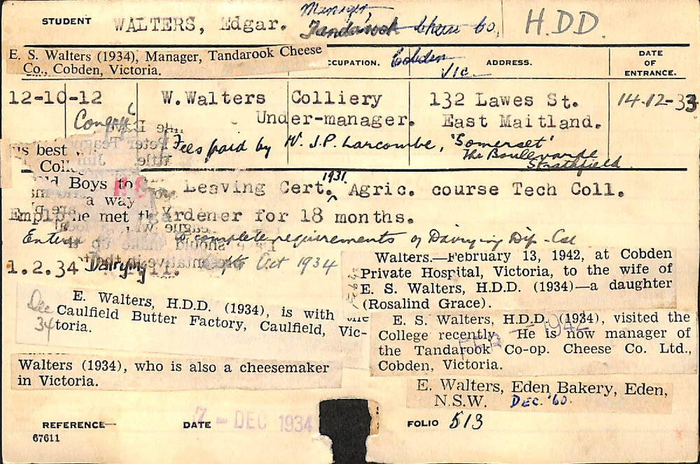 Walters, Edgar (Hawkesbury Diploma in Dairy (HDD))