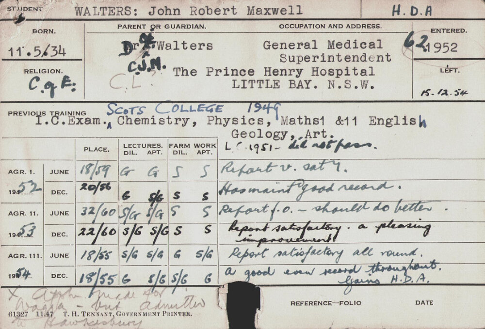 WALTERS, John Robert Maxwell (Hawkesbury Diploma of Agriculture (HDA))