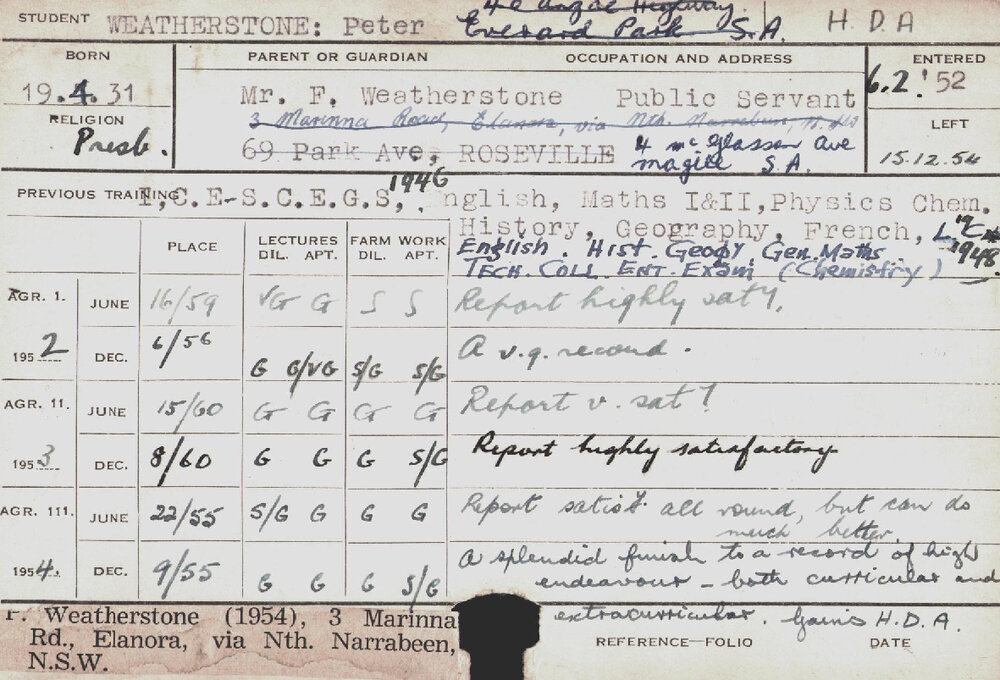 WEATHERSTONE, Peter (Hawkesbury Diploma of Agriculture (HDA))