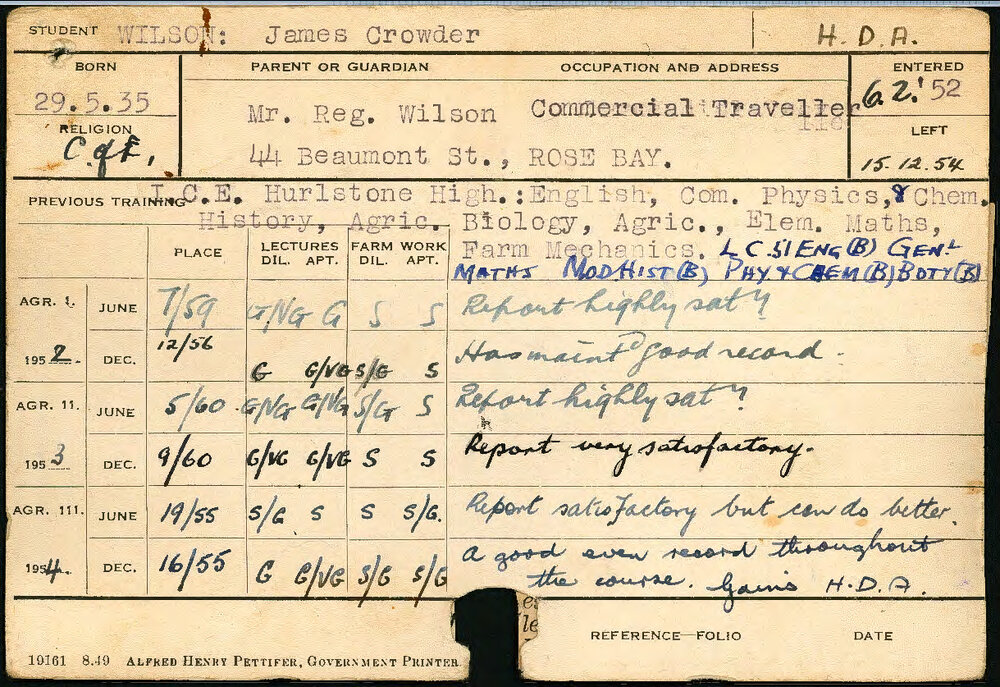 WILSON, James Crowder (Hawkesbury Diploma of Agriculture (HDA))