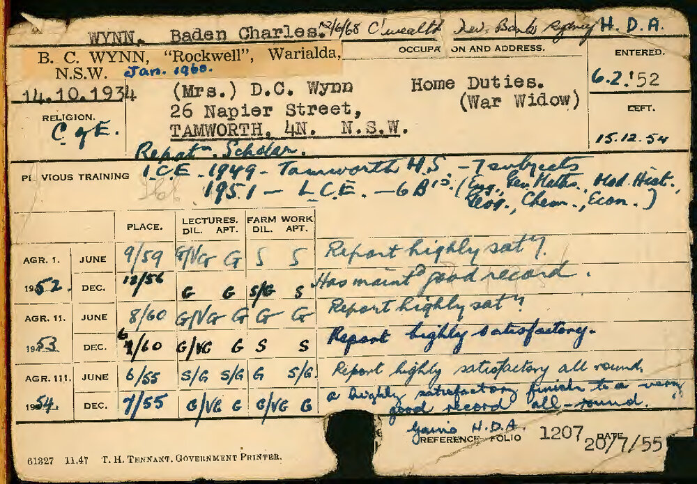 WYNN, Baden Charles (Hawkesbury Diploma of Agriculture (HDA))