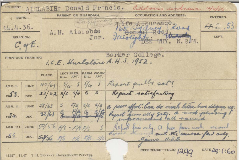 AISLABIE, Donald Francis (Hawkesbury Diploma of Agriculture (HDA))