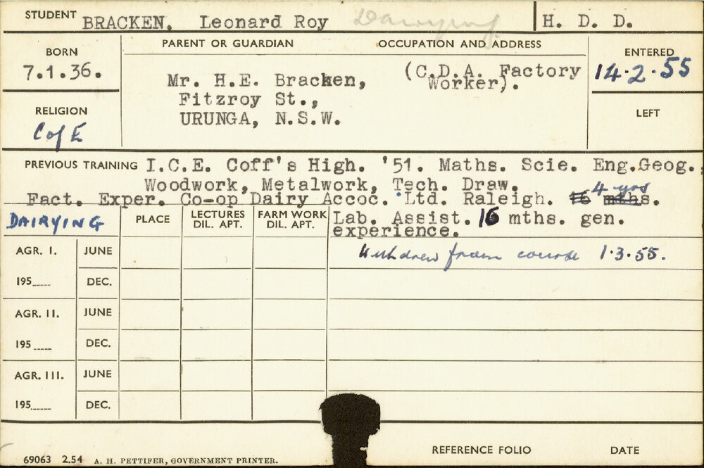 BRACKEN, Leonard Roy (Hawkesbury Diploma in Dairy Technology (HDDT) (Withdrawn))