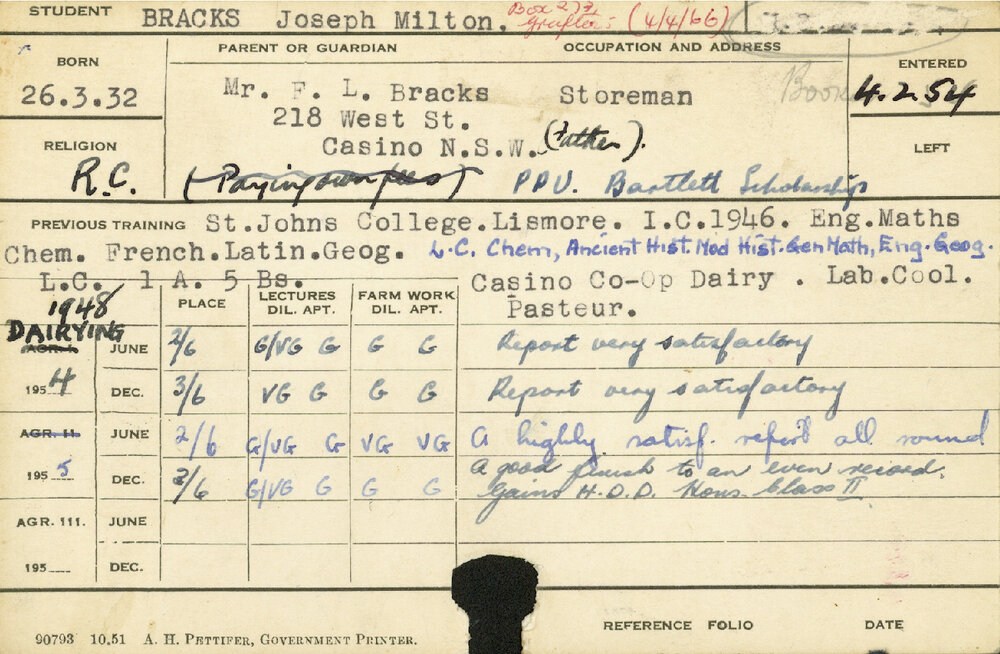 BRACKS, Joseph Milton (Hawkesbury Diploma in Dairy Technology (HDDT) (Honours class 2))