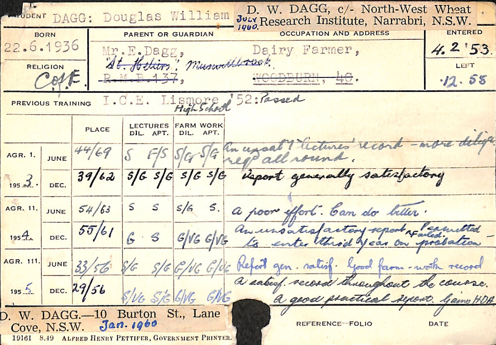 DAGG, Douglas William (Hawkesbury Diploma of Agriculture (HDA))