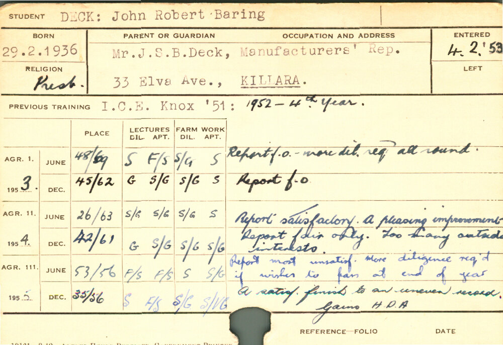DECK, John Robert Baring (Hawkesbury Diploma of Agriculture (HDA))