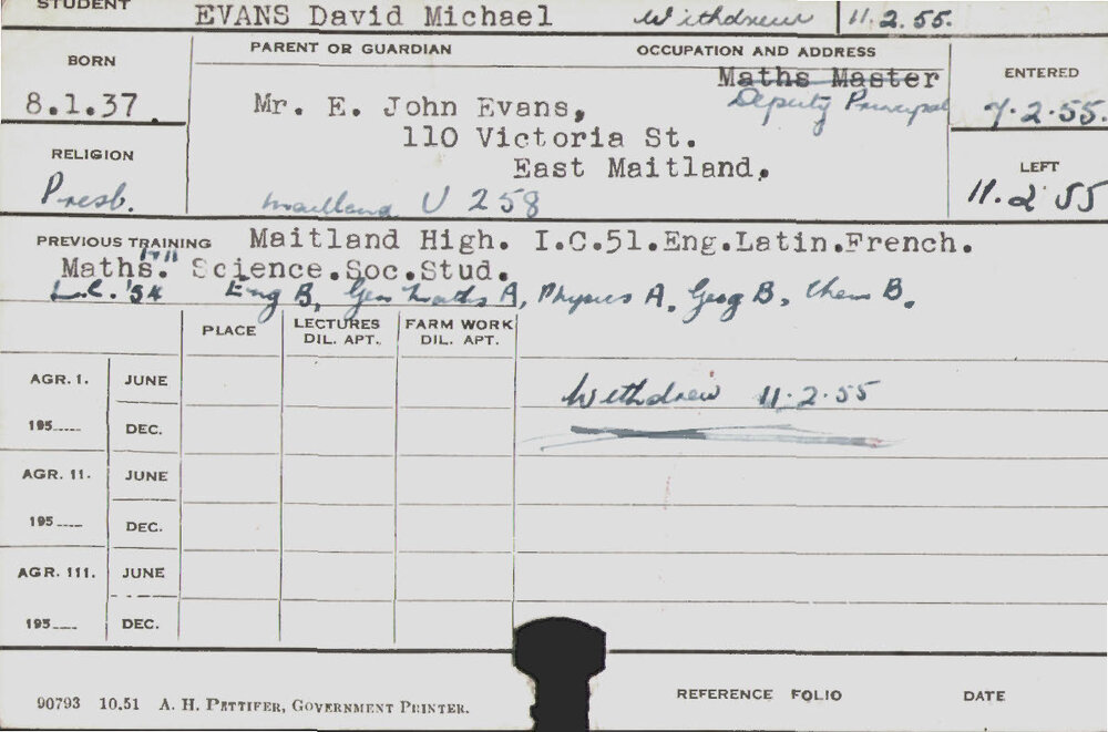 EVANS, David Michael (Hawkesbury Diploma of Agriculture (HDA))