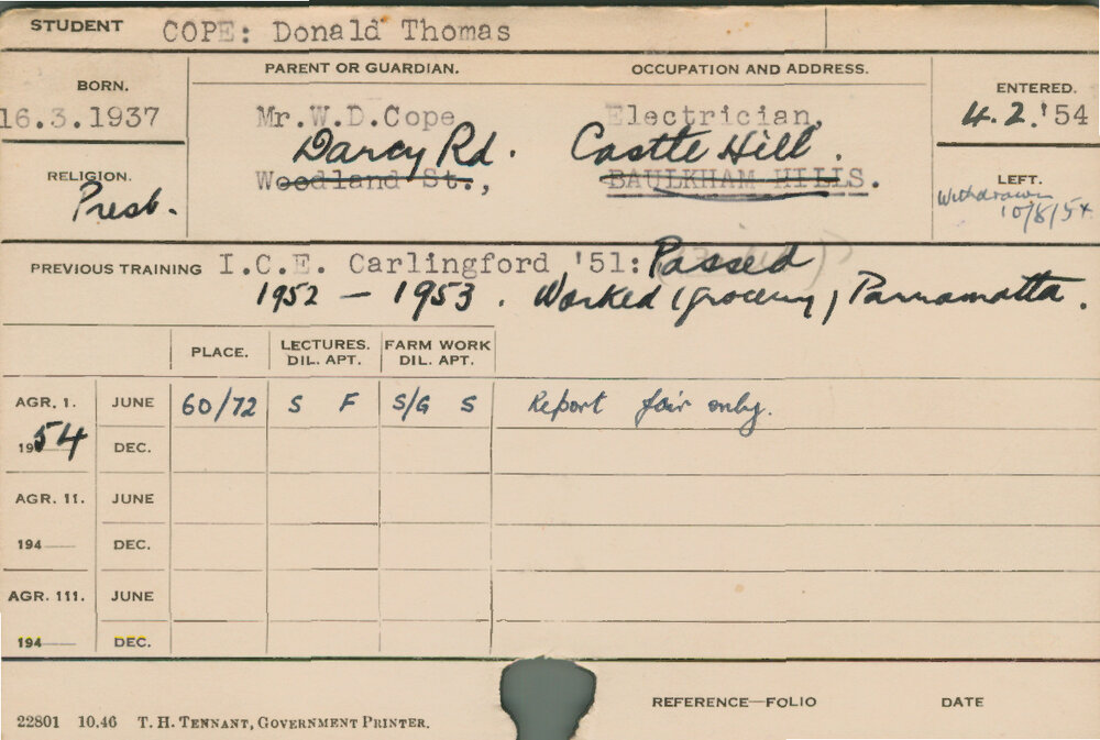 COPE, Donald Thomas (Hawkesbury Diploma of Agriculture (HDA))