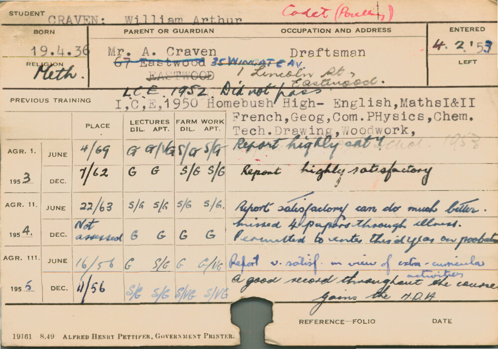 CRAVEN, William Arthur (Hawkesbury Diploma of Agriculture (HDA))