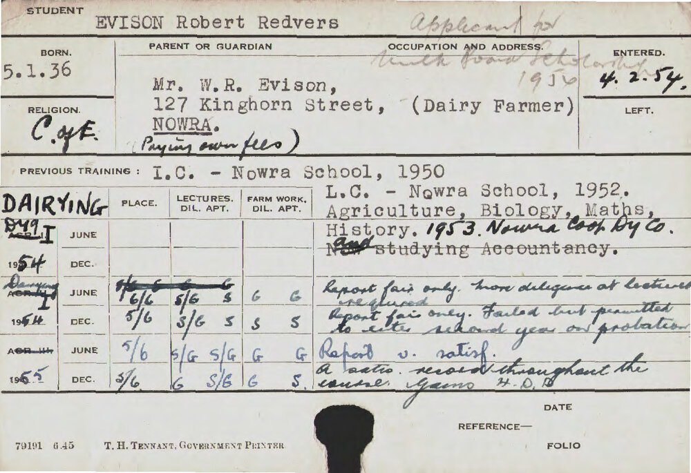 EVISON, Robert Redvers (Hawkesbury Diploma in Dairy (HDD))