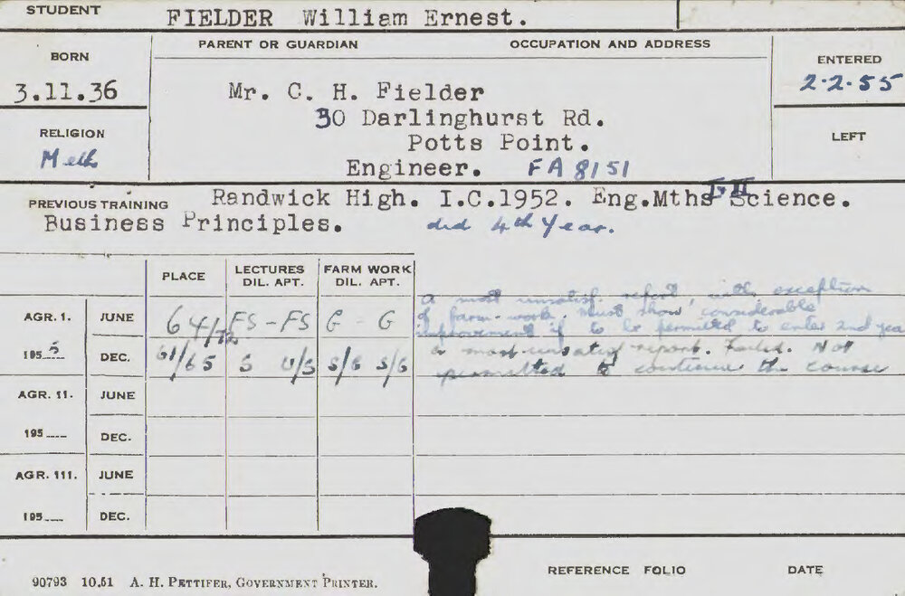 FIELDER, William Ernest (Hawkesbury Diploma of Agriculture (HDA))