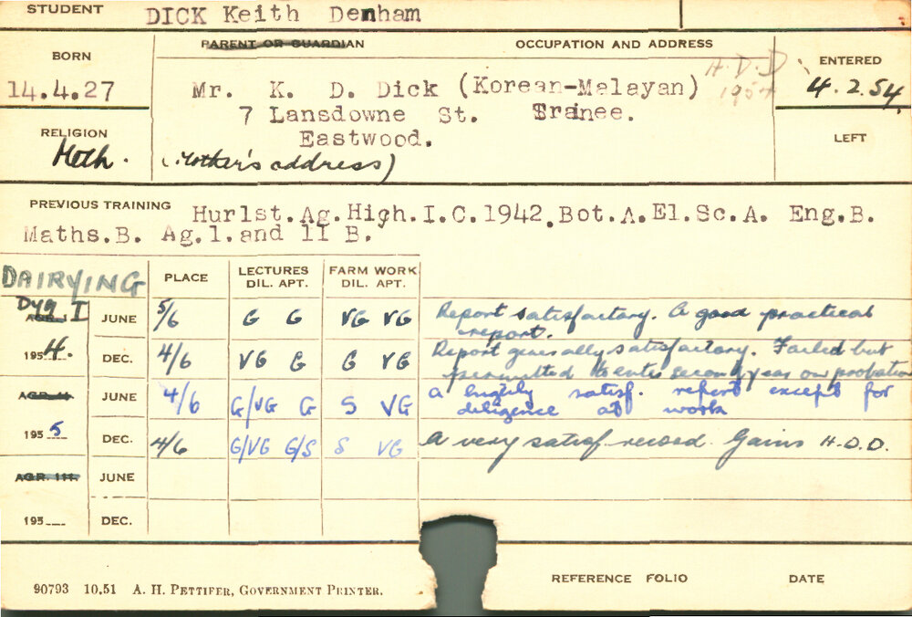 DICK, Keith Denham (Hawkesbury Diploma in Dairy Technology (HDDT))