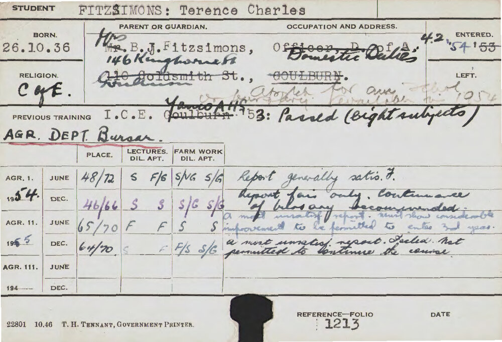 FITZSIMONS, Terence Charles (Hawkesbury Diploma of Agriculture (HDA))