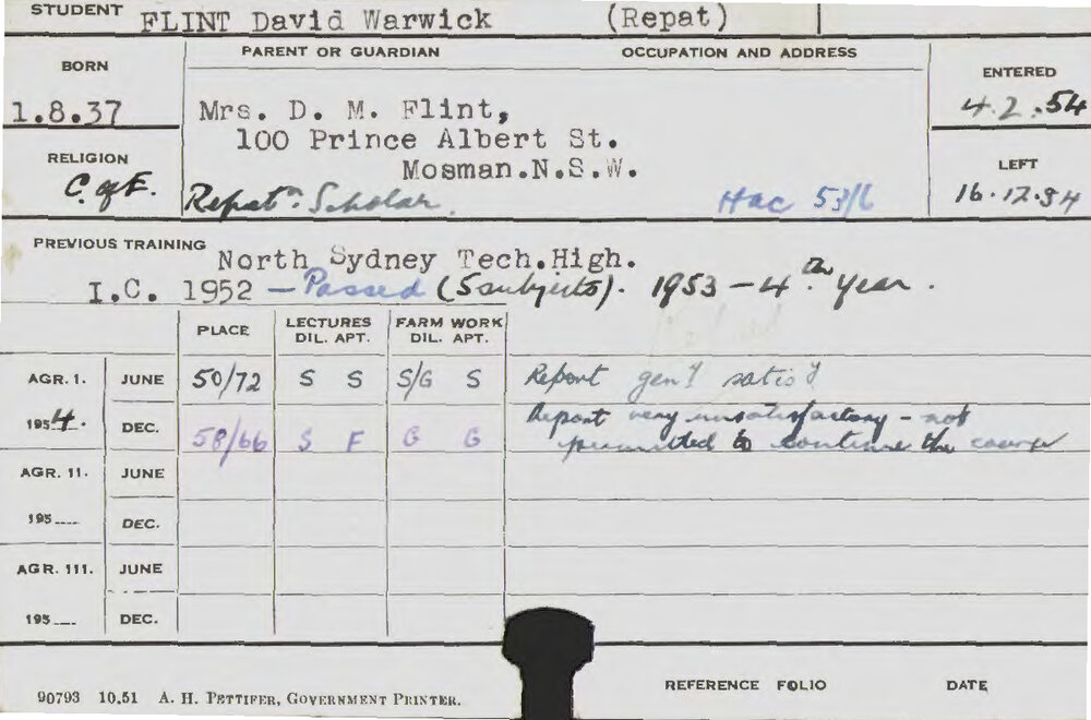 FLINT, David Warwick (Hawkesbury Diploma of Agriculture (HDA))
