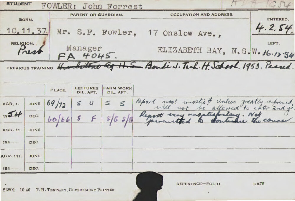 FOWLER, John Forrest (Hawkesbury Diploma of Agriculture (HDA))
